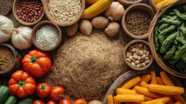 Fresh market assortment of tomato corn garlic onion rice peanut rustic straw nest evoking natural