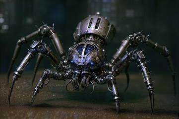Fototapeta premium Futuristic metal spider robot with exposed working hardware inside its head