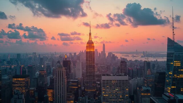 Sunset city skyline with illuminated skyscraper, river downtown and dramatic colorful clouds