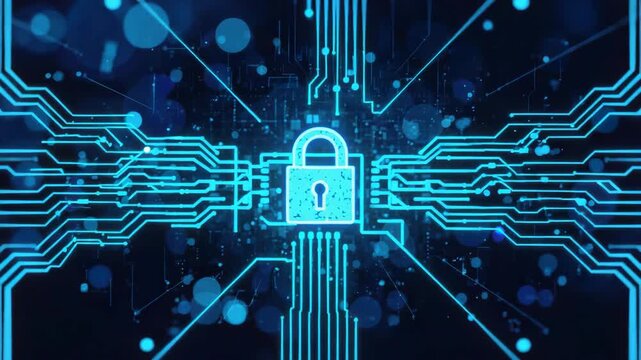 Digital padlock glowing circuit board conveying cyber security protection and secure data network