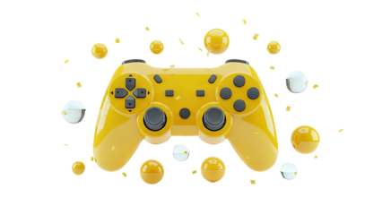 Yellow Gaming Controller with Confetti and Spheres