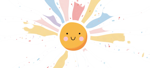 Cartoon sun smiling, radiating pastel stripes against a transparent background. Cheerful design