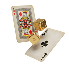 Playing cards and golden dice isolated on transparent background