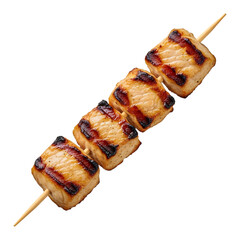 Grilled chicken skewer with charred marks isolated on transparent background
