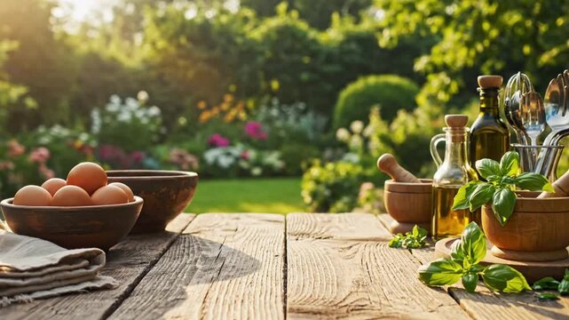 A rustic wooden table set with fresh eggs, herbs, and olive oil, bathed in the warm glow of golden hour sunlight in a lush garden setting