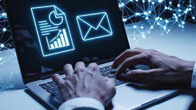 Hands typing on laptop with digital icons