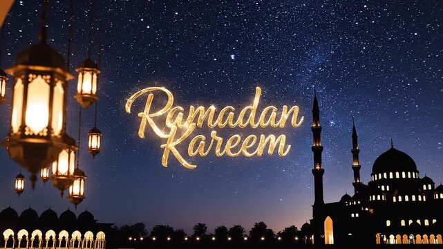 Dazzling mosque silhouette against a starry night sky during Ramadan, glowing lanterns, golden cursive text, mystical, serene, holy, sacred, Islamic, festive, celebratory atmosphere.