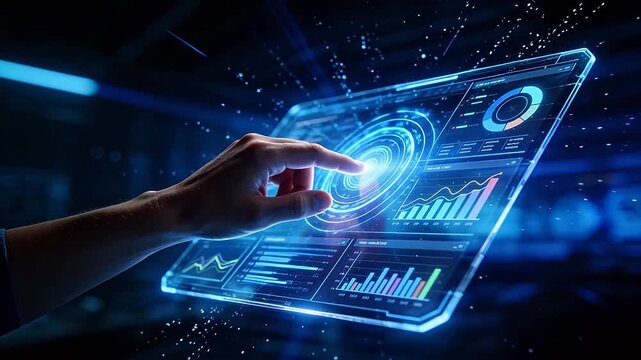 Hand interacting with futuristic digital interface