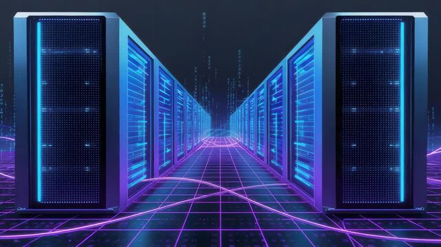 Futuristic neon data center aisle with glowing server racks, server grid and dynamic digital energy