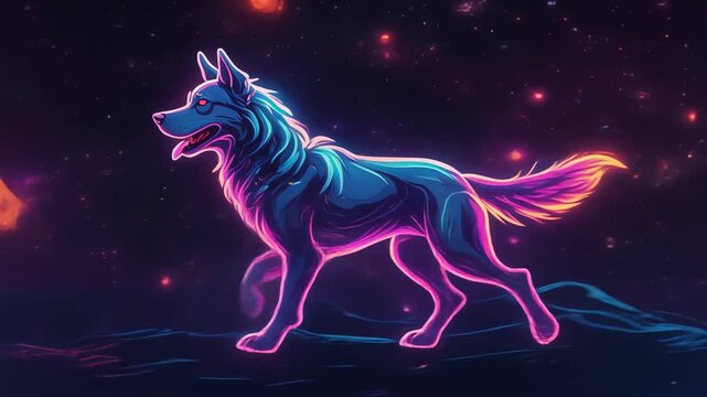 Glowing neon wolf illustration with vibrant colors and dynamic pose.