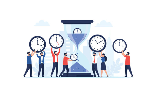 Group of business people holding up round clocks around a giant hourglass managing time, deadlines, and productivity.