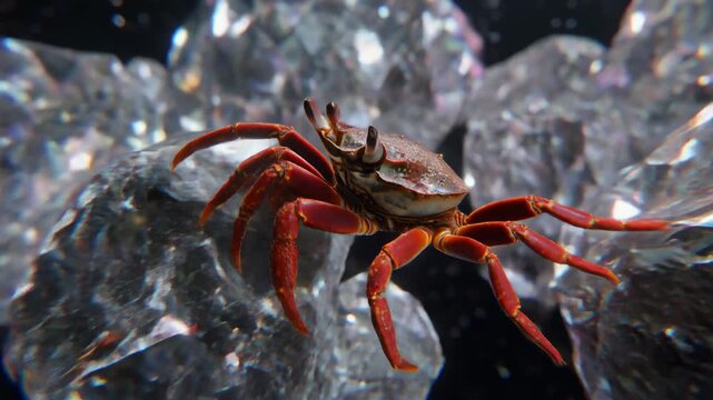 Red crab standing on ice crystals with vibrant red legs.