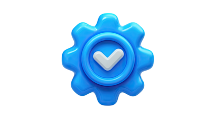A 3D rendered cartoonish blue gear with a circle and a white checkmark on black background