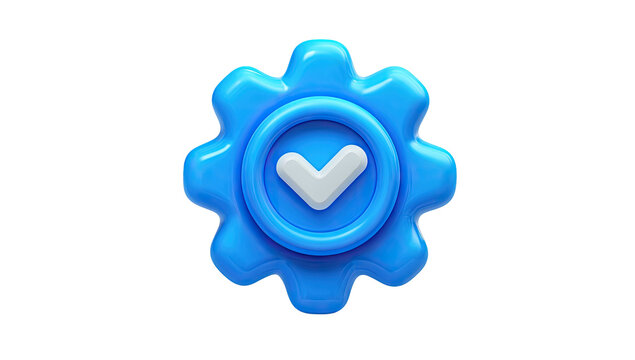 A 3D rendered cartoonish blue gear with a circle and a white checkmark on black background - Powered by Adobe