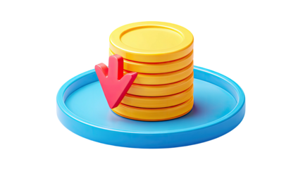 Animated depiction of gold coins, stacked with red downward arrow, set on blue platform