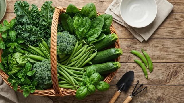 Top view of fresh organic green vegetables in wicker basket with gardening tools on rustic wooden table flat lay