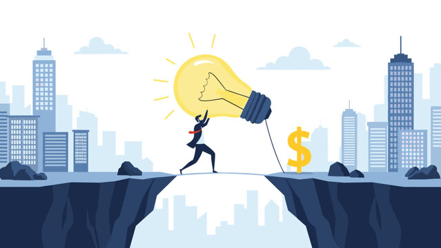 Ambitious businessman walking across a light bulb bridge between two cliffs while pulling a giant golden dollar sign symbol.