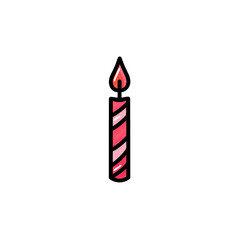 Isolated cartoon-style candle with red and pink stripes, flame alight, black background