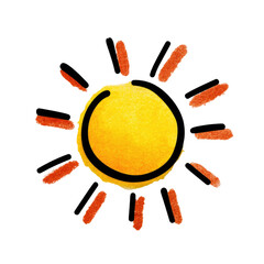 Cartoon-style illustration of a smiling sun with watercolor-textured rays on a black background