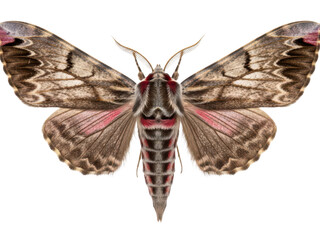 Closeup of a brown and pink moth with intricate wing patterns isolated on transparent background