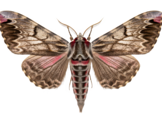 Closeup of a brown and pink moth with intricate wing patterns isolated on transparent background
