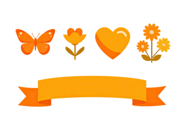 Collection of orange illustrations butterfly, flower, heart, cluster of flowers, and banner ribbon