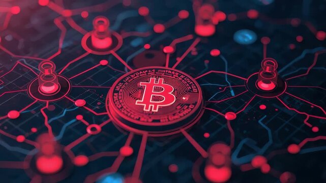 Bitcoin coin cryptocurrency blockchain network node glowing neon circuit board with red blue