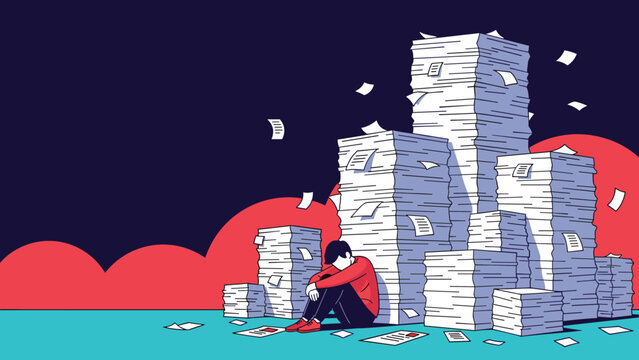 Stressed and exhausted man sitting on the floor leaning against giant piles of papers with flying documents around him in the dark.