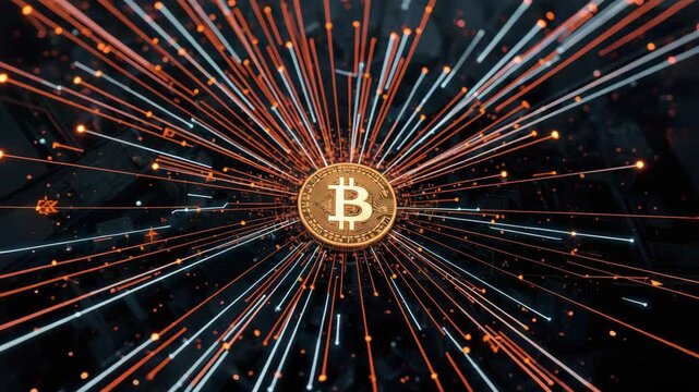 Golden cryptocurrency coin radiating digital blockchain network energy and coin data lines