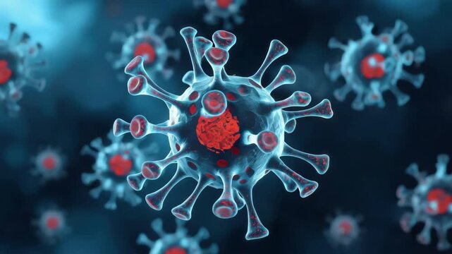 Microscopic blue virus particle with red core and spike protein structure floating dark background