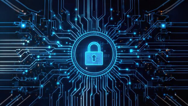 Cybersecurity lock encryption glowing circuit network security padlock protection circuit