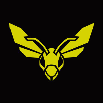 Stylized yellow geometric bee or wasp head with outstretched wings on a black background, resembling a modern insect logo or icon.