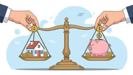 Human hands balancing a model house and a pink piggy bank on gold scales, representing home investment and financial savings.