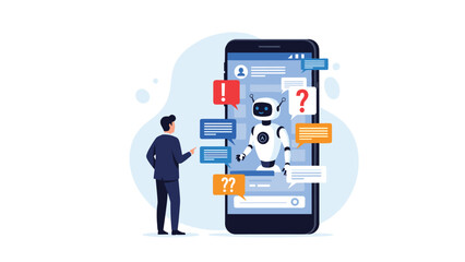 Businessman standing in front of a giant smartphone screen featuring a helpful AI chatbot robot with speech bubbles and questions.