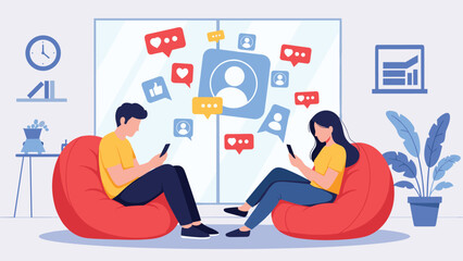 Man and woman sitting in red bean bag chairs using their smartphones with floating social media icons in a modern office or home space.