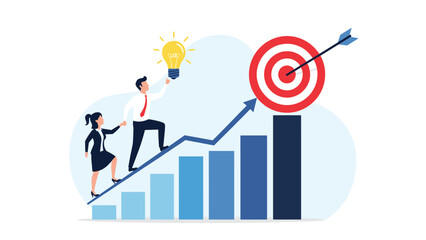 Business people climbing a rising bar graph towards a target with a light bulb above, symbolizing innovation and reaching success goals.