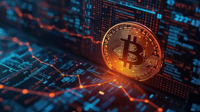 Golden bitcoin cryptocurrency coin glowing blockchain circuit with rising market data and neon code