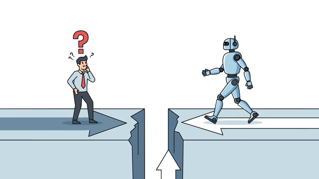 Conceptual image of a businessman and a robot facing each other across a gap with directional arrows, representing AI and human work gap.