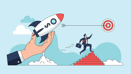 Giant hand launching a rocket with a dollar sign while a businessman runs up stairs towards a target, representing business investment.