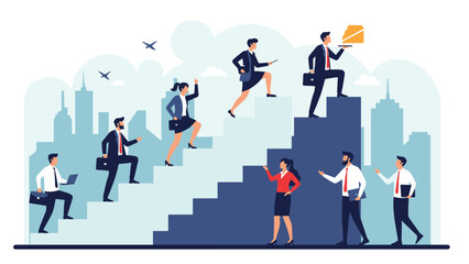 Diverse business professionals climbing up giant staircase blocks in a city setting towards a goal, representing career advancement.