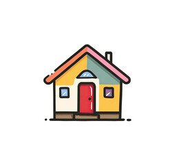 Colorful, cartoonish illustration of a house with diverse panels and a central red door on black background