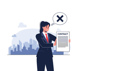 Businesswoman holding a paper labeled contract with a black cross mark in a thought bubble, representing rejection or cancellation.