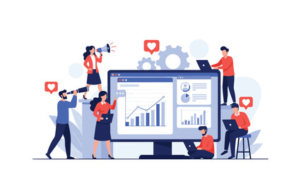 Creative business team working together around a large computer monitor with data charts, gears, and social media like icons.