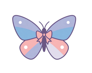 A stylized butterfly design with pastel colors, a bow detail, and white circular accents