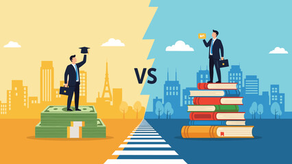 Conceptual illustration comparing a man standing on money with a graduate cap and another man on a stack of books with a certificate.