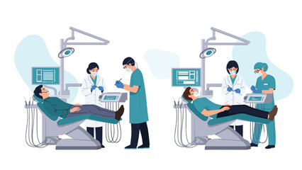 Two professional dentists and their assistants performing dental procedures on patients in a clean, modern medical clinic setting.