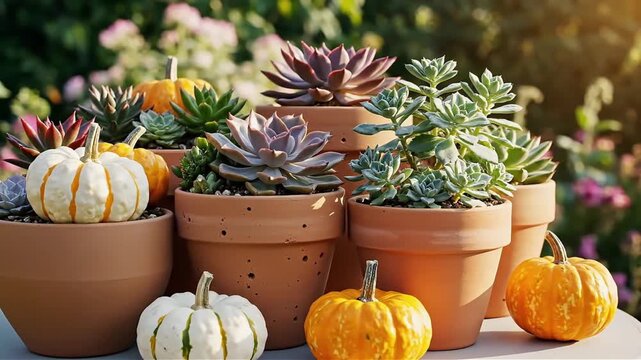 Charming autumn arrangement featuring vibrant succulents and miniature pumpkins in terracotta pots creating a cozy seasonal display perfect for fall decor and lifestyle imagery