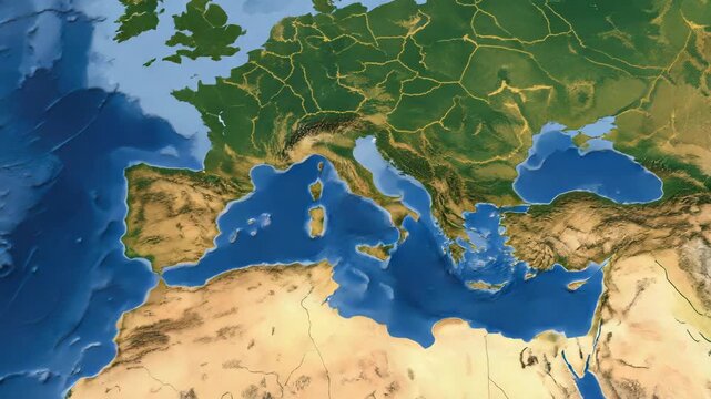 Colorful relief map of Europe, North Africa and Middle East showing terrain and ocean depth with