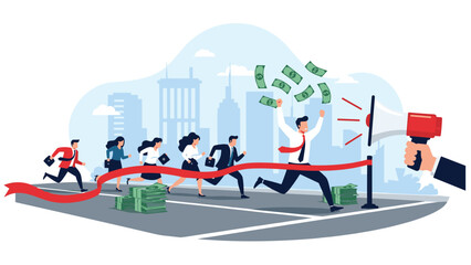 Competitive corporate race where business professionals are running towards a finish line to win stacks of cash and financial rewards.