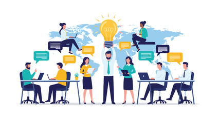 Global business team collaborating and brainstorming creative ideas around a giant lightbulb set against a world map background.